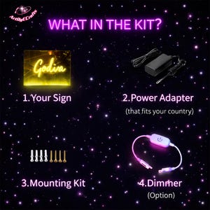 May include: An image showing the contents of a kit, including a custom sign with the name "Godiva" in yellow, a power adapter, a mounting kit, and a dimmer. The text "WHAT IN THE KIT?" is in purple.