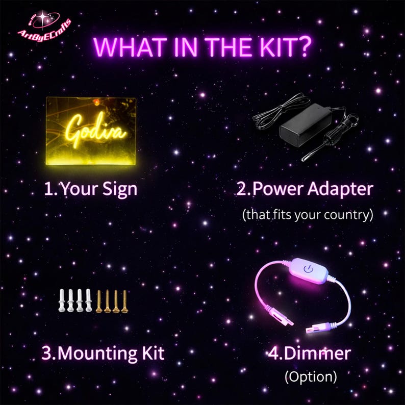 May include: An image showing the contents of a kit, including a custom sign with the name "Godiva" in yellow, a power adapter, a mounting kit, and a dimmer. The text "WHAT IN THE KIT?" is in purple.