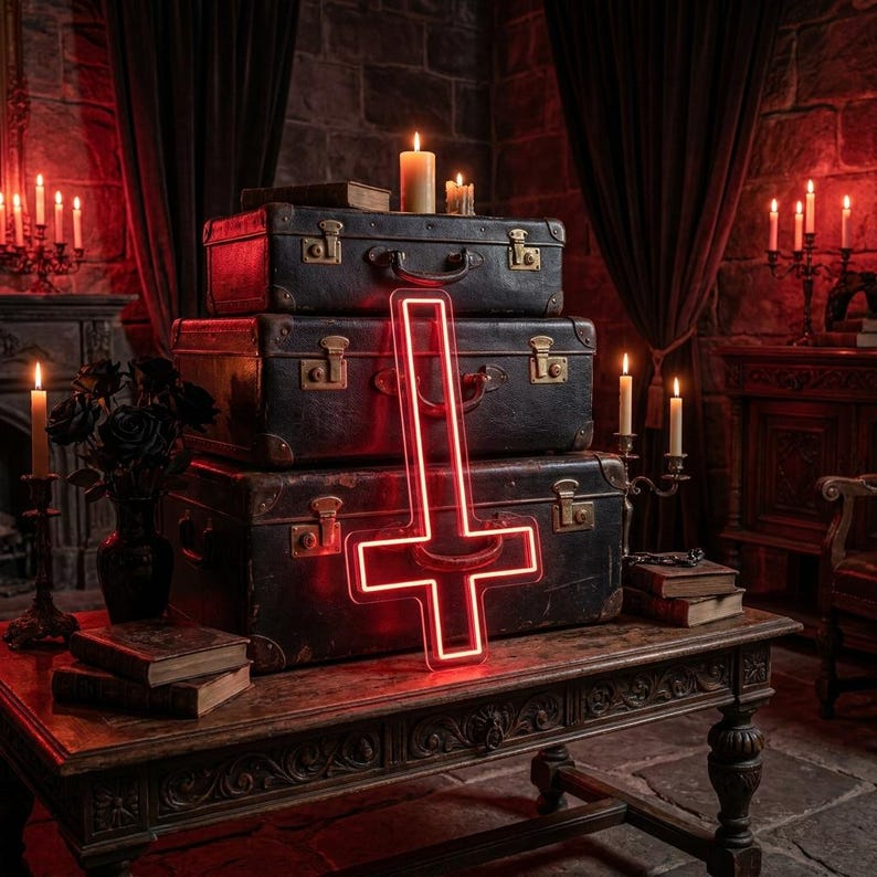 May include: A red neon inverted cross sits atop a stack of vintage suitcases. The scene is illuminated by candlelight, with black roses in a vase and antique books on a wooden table. The background features a stone wall and dark curtains.