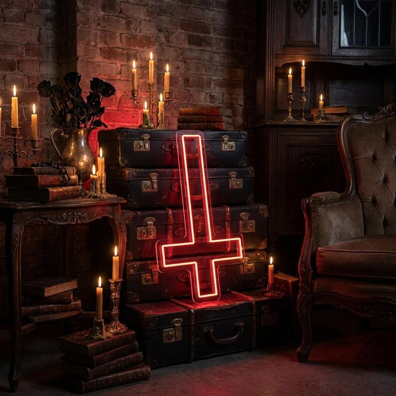 May include: A red neon inverted cross sign is the focal point, set against a backdrop of vintage suitcases and a brick wall. Lit candles and antique decor create a gothic ambiance. The sign is a striking decorative element.