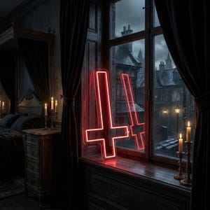 May include: A red neon inverted cross sign is displayed in a window. The sign is reflected in the window. The window is in a dark room with a bed and candles. The background shows a gothic town.
