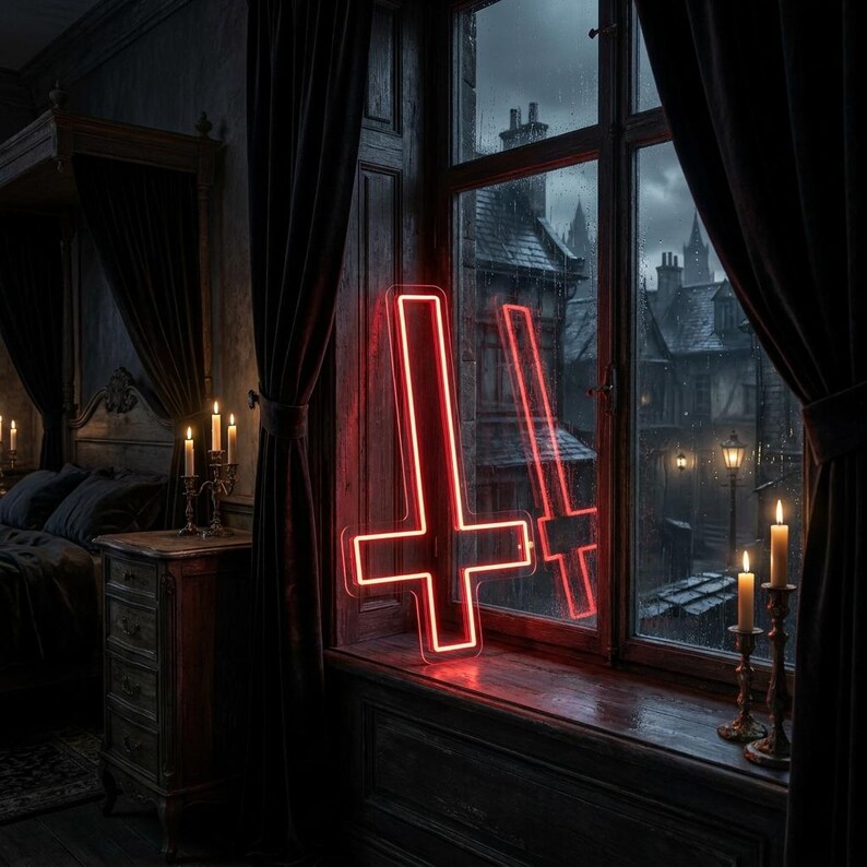 May include: A red neon inverted cross sign is displayed in a window. The sign is reflected in the window. The window is in a dark room with a bed and candles. The background shows a gothic town.