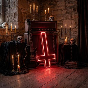 May include: A red neon inverted cross is the focal point of this image, set against a backdrop of candles, skulls, and a guitar. The scene is dimly lit, creating a gothic or heavy metal aesthetic. The guitar is black, and the candles are lit.