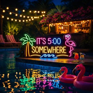 May include: Neon sign with the text "IT'S 5:00 SOMEWHERE" featuring a palm tree and flamingo. The sign is near a pool with pink flamingo floaties and cocktails. String lights and a bar are in the background.