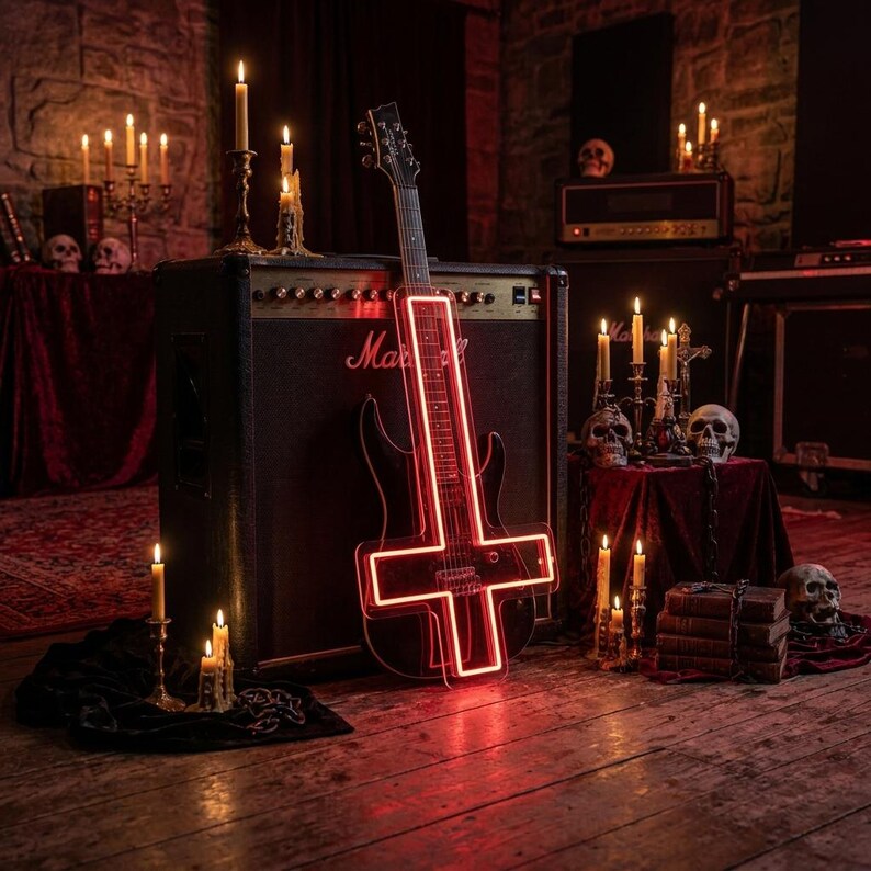 May include: A black electric guitar with a red neon cross outline leans against a Marshall amplifier. The scene is set in a dimly lit room with candles, skulls, and a red velvet cloth. The word "Marshall" is visible on the amplifier.