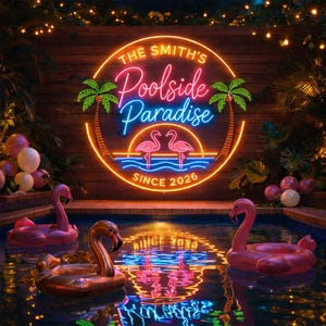 Personalized Poolside Patio Neon Sign, Outdoor Poolside Patio Sign, Poolside Family Name Neon, Poolside Bar Backyard Palm Tree Surf Sign