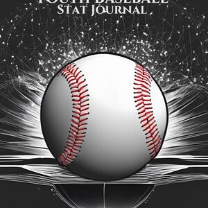 May include: A baseball stat journal with the text "YOUTH BASEBALL STAT JOURNAL" at the top. A baseball is in the center with red stitching. The bottom of the journal reads "TRACK STATS, IMPROVE SKILLS, AND ACHIEVE GOALS."