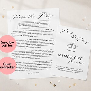 May include: Two white paper game cards with black text. The larger card features the title Pass the Prize and a story with bolded left and right directions. The smaller card features the title Pass the Prize, a gift icon, and the text HANDS OFF for now.