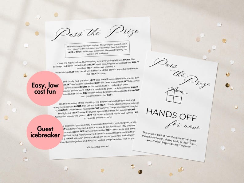 May include: Two white paper game cards with black text. The larger card features the title Pass the Prize and a story with bolded left and right directions. The smaller card features the title Pass the Prize, a gift icon, and the text HANDS OFF for now.