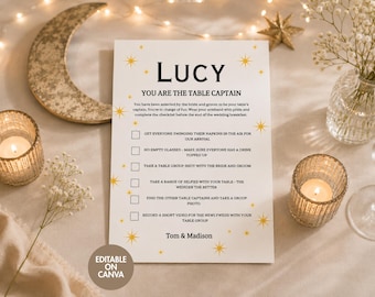 Table Captains Checklist, Wedding Reception Table Game, Celestial Stars Canva Template (Digital Download)