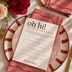 May include: A white rectangular card with black and red text reading oh hi! YOU ARE THE TABLE CAPTAIN, featuring a checklist for wedding guests, placed on a pink and white patterned plate with a matching napkin, gold cutlery, and a glass of red wine.