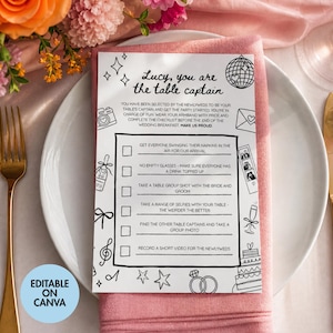 May include: A wedding table setting featuring a white plate, gold cutlery, and a pink napkin. A printed card with the text "Lucy, you are the table captain" and a checklist rests on the napkin, decorated with illustrations.