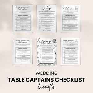 May include: A collection of white wedding table captain checklists with black text. Each checklist features the text "Lucy, you are the table captain" and a list of tasks. The words "Wedding Table Captains Checklist bundle" are at the bottom.