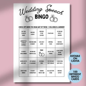 Puede incluir: Una tarjeta de bingo de discurso de boda blanca con texto y gráficos en negro. La tarjeta incluye el título "Wedding Speech Bingo" y una cuadrícula de frases para marcar. La tarjeta también tiene el texto "Editable on Canva" y "100 Different Bingo Cards".