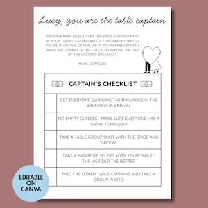 Könnte beinhalten: Eine weiße Hochzeits-Checklistenkarte mit schwarzem Text, einschließlich "Lucy, you are the table captain". Die Karte enthält eine Captain's Checklist mit Aufgaben wie Selfies und Gruppenfotos. Ein blauer Kreis mit "Editable on Canva" befindet sich in der Ecke.