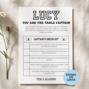 Peut inclure: Une feuille de papier blanche avec du texte noir, indiquant "LUCY YOU ARE THE TABLE CAPTAIN" et une liste de contrôle pour un mariage. Le texte "EDITABLE ON CANVA" est sur un cercle bleu. Une brindille de fleurs est à gauche.