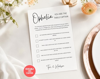 Modern Wedding Table Captains Checklist Card, Canva Editable Template (Digital Download)