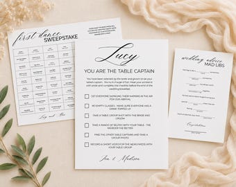 Wedding Games Bundle, Table Captains, First Dance Sweepstake and Advice Mad Libs, Minimalist Editable Canva Template (Digital Download)