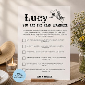 Puede incluir: Una tarjeta rectangular blanca con texto negro y un gráfico de vaquero. La tarjeta dice Lucy, You Are The Head Wrangler, seguido de una lista de tareas de boda y los nombres Tom & Madison. Una pegatina circular azul dice Table Captains Alternative.