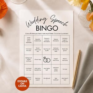 May include: A white card featuring the text Wedding Speech BINGO with a grid of twenty-five squares containing various wedding-related phrases and a central ring icon. The card includes the text Cross off when you hear or see any of these. 5 in a row is a winner! and a red circular badge stating EDITABLE ON CANVA.