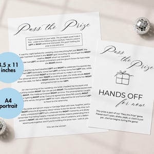 May include: Two white paper sheets with black text for a Pass the Prize game. One sheet features a story with the words LEFT and RIGHT highlighted, and the other displays the text HANDS OFF for now. Blue circles indicate 8.5 x 11 inches.