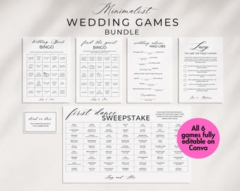 Wedding Reception Games Bundle | 6 Matching Minimalist Printable Games | Editable Canva Templates | Table Captains, Sweepstakes & More