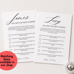 May include: Two white rectangular wedding party starter cards with black text. Each card features a name at the top, the phrase YOU ARE THE PARTY STARTER, a checklist of tasks, and the names Sam & Olivia at the bottom. The cards are surrounded by disco balls.