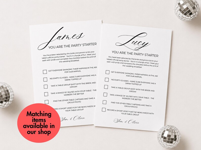 May include: Two white rectangular wedding party starter cards with black text. Each card features a name at the top, the phrase YOU ARE THE PARTY STARTER, a checklist of tasks, and the names Sam & Olivia at the bottom. The cards are surrounded by disco balls.