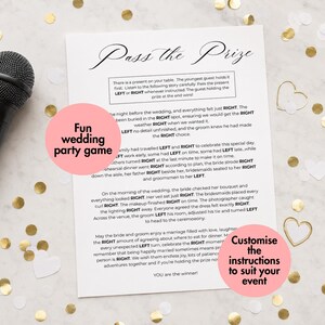 May include: A white paper sheet with black text titled Pass the Prize, featuring a wedding game story with instructions. A black microphone is positioned to the left. Two pink circular overlays contain the text Fun wedding party game and Customise the instructions to suit your event.