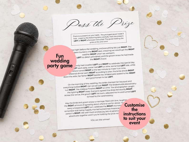 May include: A white paper sheet with black text titled Pass the Prize, featuring a wedding game story with instructions. A black microphone is positioned to the left. Two pink circular overlays contain the text Fun wedding party game and Customise the instructions to suit your event.