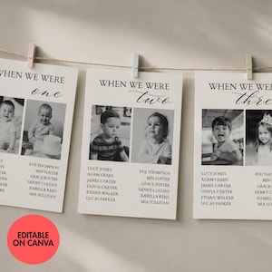 Może przedstawiać: Trzy białe prostokątne karty zawieszone na sznurku za pomocą drewnianych klamerek. Każda karta zawiera napis "WHEN WE WERE" oraz "one", "two" lub "three" pisane kursywą, dwa czarno-białe zdjęcia dzieci oraz listę imion poniżej.