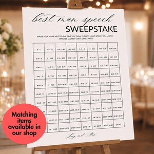 May include: A white sign with black text titled best man speech SWEEPSTAKE, featuring a grid of time intervals for guests to write their names. The sign includes the instruction to guess the speech duration and the names Lucy and Alex at the bottom.