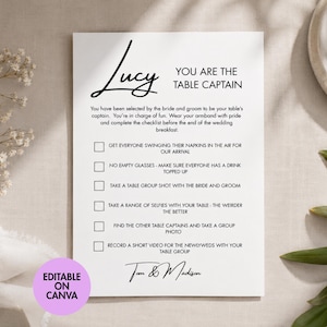 Puede incluir: Una tarjeta rectangular blanca de capitán de mesa de boda con texto negro. La tarjeta presenta el nombre Lucy, el título You Are The Table Captain y una lista de seis tareas para los invitados. La parte inferior incluye los nombres Tom & Madison.