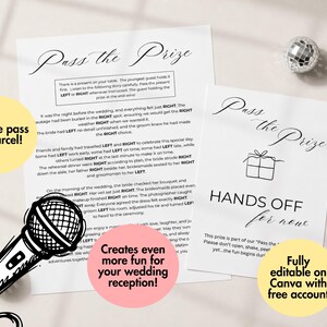 May include: Two white paper sheets with black text for a wedding game titled Pass the Prize. One sheet contains a story with instructions to pass a gift left or right, while the other sheet features a gift icon and the text Hands Off for now.