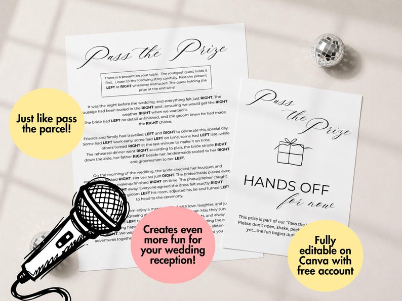May include: Two white paper sheets with black text for a wedding game titled Pass the Prize. One sheet contains a story with instructions to pass a gift left or right, while the other sheet features a gift icon and the text Hands Off for now.
