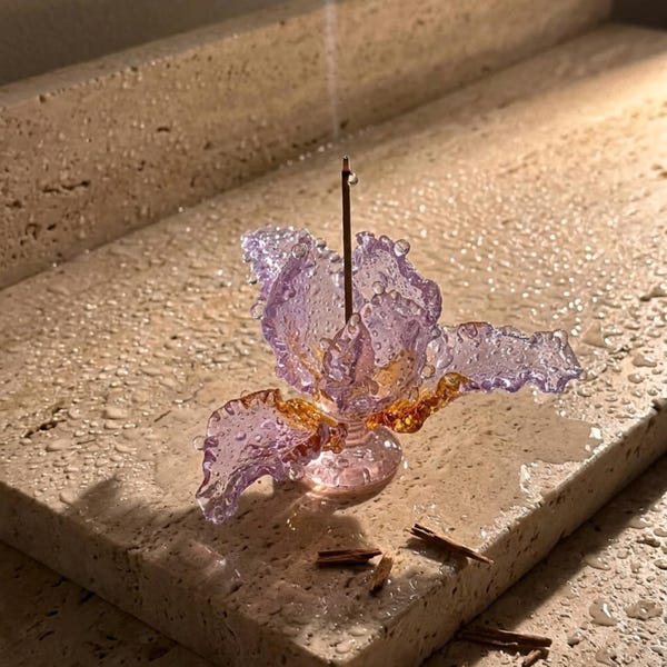 Glass Iris Incense Holder: Handmade Flower Ornament, Wabi Sabi Decor, Minimalist Zen Home Accent