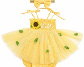 Yellow Sunflower First Birthday Romper Dress, Hand-Embroidered Cotton Muslin Baby Girl Outfit