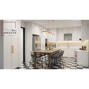 May include: A kitchen interior featuring white cabinetry with gold hardware, a wooden dining table with grey upholstered stools, and a black and white chequered floor. The text N+I CREATIVE INTERIOR DESIGN is visible on the left side of the image.