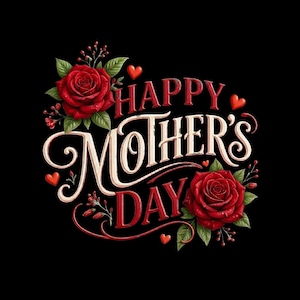 Op de afbeelding: Een Moederdag-afbeelding op een zwarte achtergrond. De woorden "Happy Mother's Day" staan in rode en crèmekleurige letters, omringd door rode rozen, groene bladeren en rode harten.