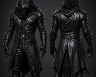 May include: A full-body character design featuring a wolf-headed figure in black leather attire. The outfit includes a long coat, fitted trousers, buckled boots, and a shoulder strap. The figure is shown from both front and back perspectives.