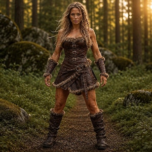 May include: A dark brown leather-textured corset top with three front buckles, a matching short skirt with a side belt, arm bracers, and knee-high boots. Each piece features a dark brown faux fur trim along the edges, creating a cohesive set.