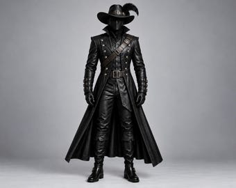 May include: A black leather-style long coat with silver buttons, a matching wide-brimmed hat with a feather, a dark face mask, a brown leather shoulder strap, black trousers, gloves, and tall boots. The ensemble features a structured, layered design.