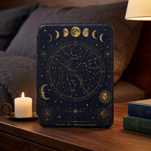 Pode incluir: Uma capa de tablet azul escuro com um design celestial com constelações, fases da lua e um sol. A capa tem detalhes dourados e o texto "READ BY MOONLIGHT". Uma vela acesa e livros estão em uma superfície de madeira.