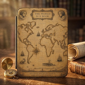 May include: A vintage-style book cover with a world map design in sepia tones. The text "THE WORLD IS A BOOK" is displayed at the top. The bottom of the cover reads "AND THOSE WHO DO NOT READ IT HAVE SEEN ONLY ONE PAGE."