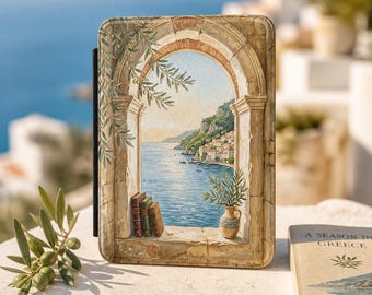 Coastal Kindle Case | Mediterranean Arch Window Cover | Patina Blue Sea Book Lover Gift | Paperwhite Signature Edition Case