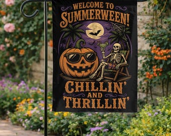Summerween Garten Flagge, Willkommen bei Summerween Flagge, Halloween Sommer Dekor, Skeleton Kürbis Yard Flagge, Gruselige Tropische Outdoor Flagge