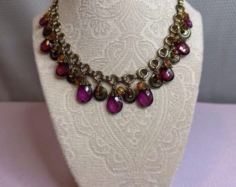 Avon Necklace Purple Glass Teardrop Bib Brass Tone 18 In Women Statement Jewelry
