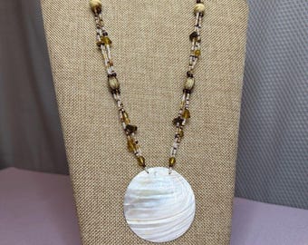 Vintage Boho Mother of Pearl Shell Pendant Necklace Multi-Strand Seed Bead