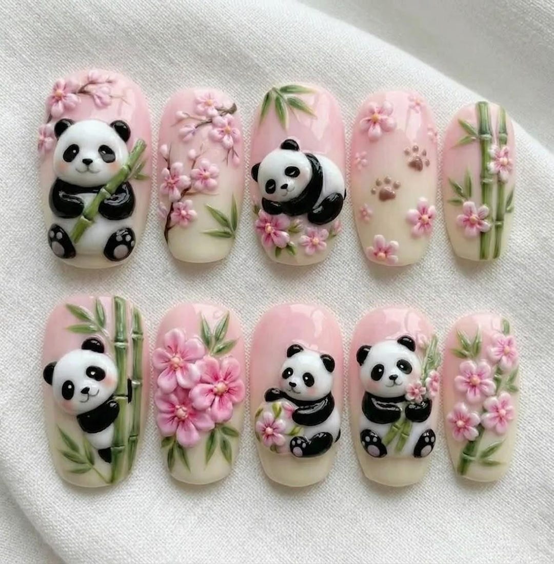 3D Panda Press on Nails, Cute Pink Cherry Blossom & Bamboo Fake Nails ...