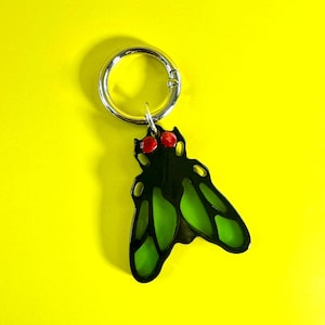 May include: A keyring featuring a cicada-shaped charm with a black outline and translucent green wings. The insect charm has two small, bright red circular eyes and is attached to a circular silver-toned metal split ring for keys.
